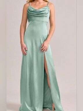 Satin Cowl Neck Spaghetti Strap Gown in Sage Zipper In Back Slit Up The Leg. NEW